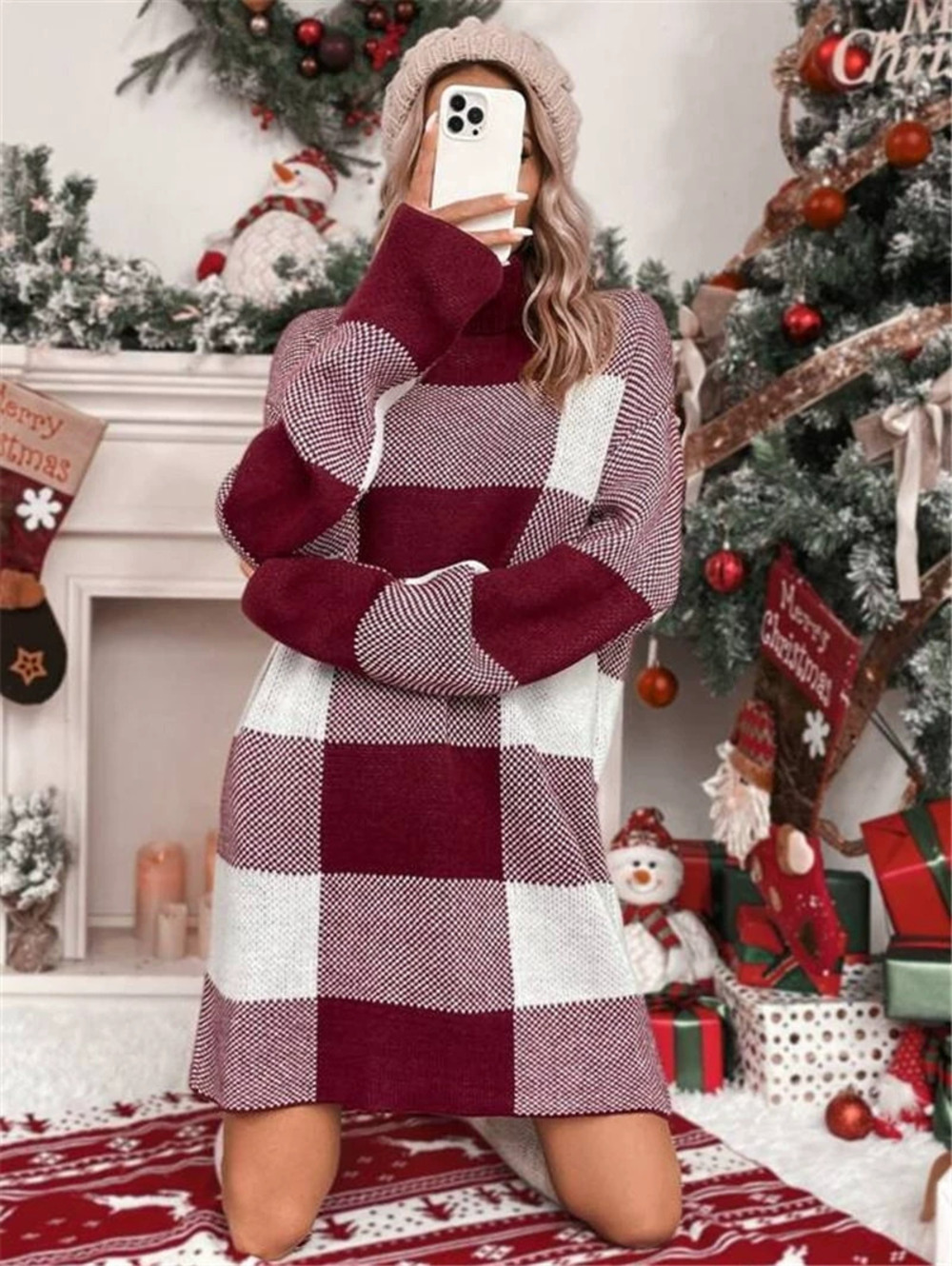 Zara Fall Winter Turtleneck Oversized Plaid Color Block Sweater Dress